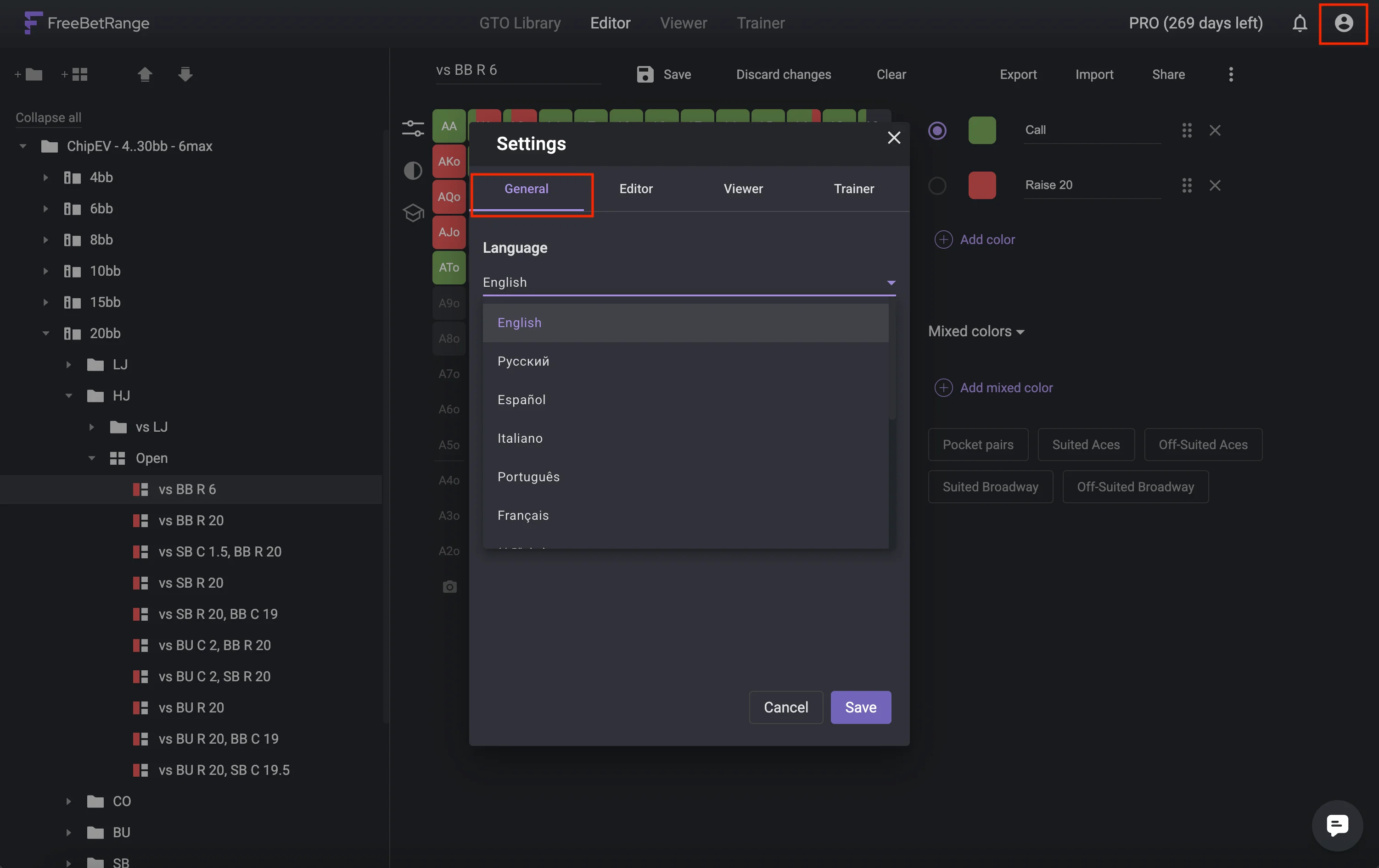 Interfaz del selector de idioma de Freebetrange