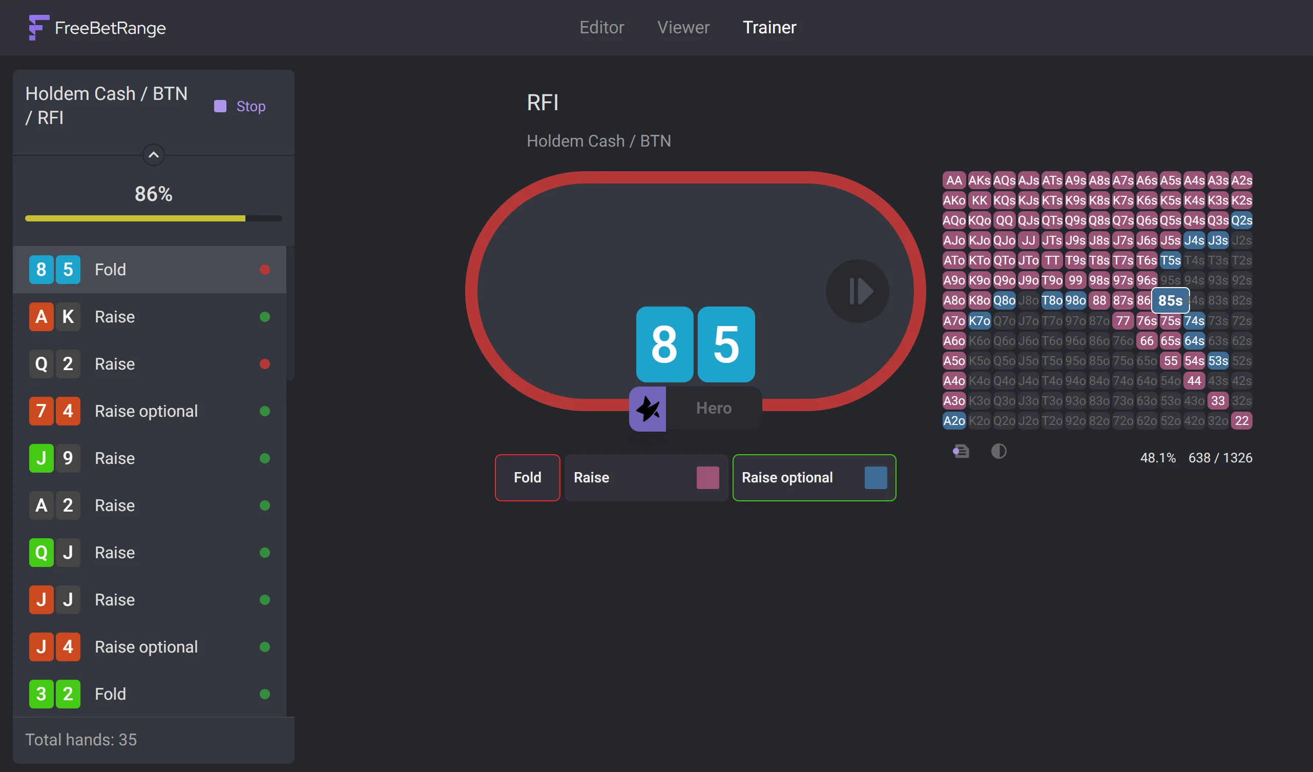 Poker preflop trainer