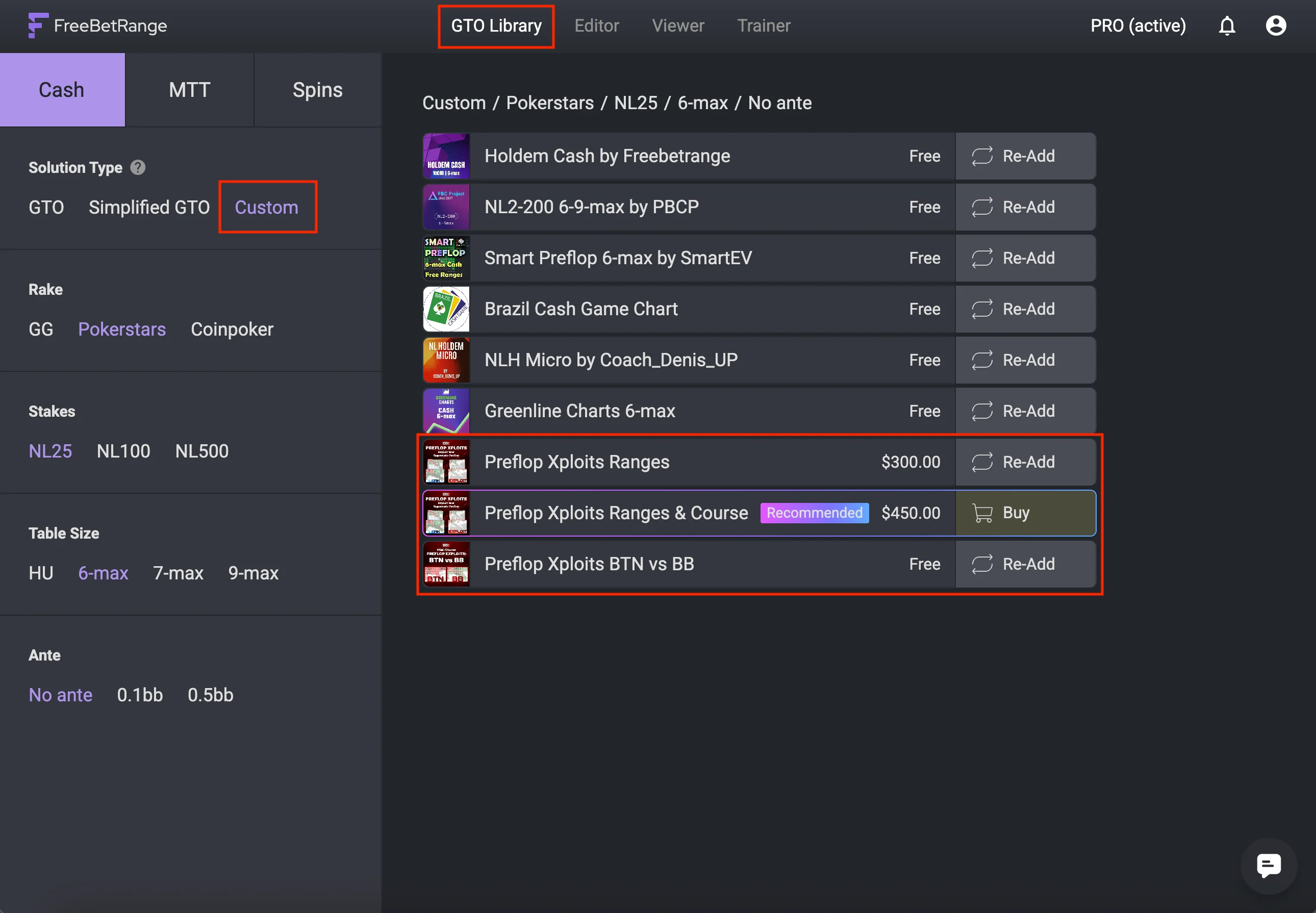 Preflop Exploit Ranges in Freebetrange Library
